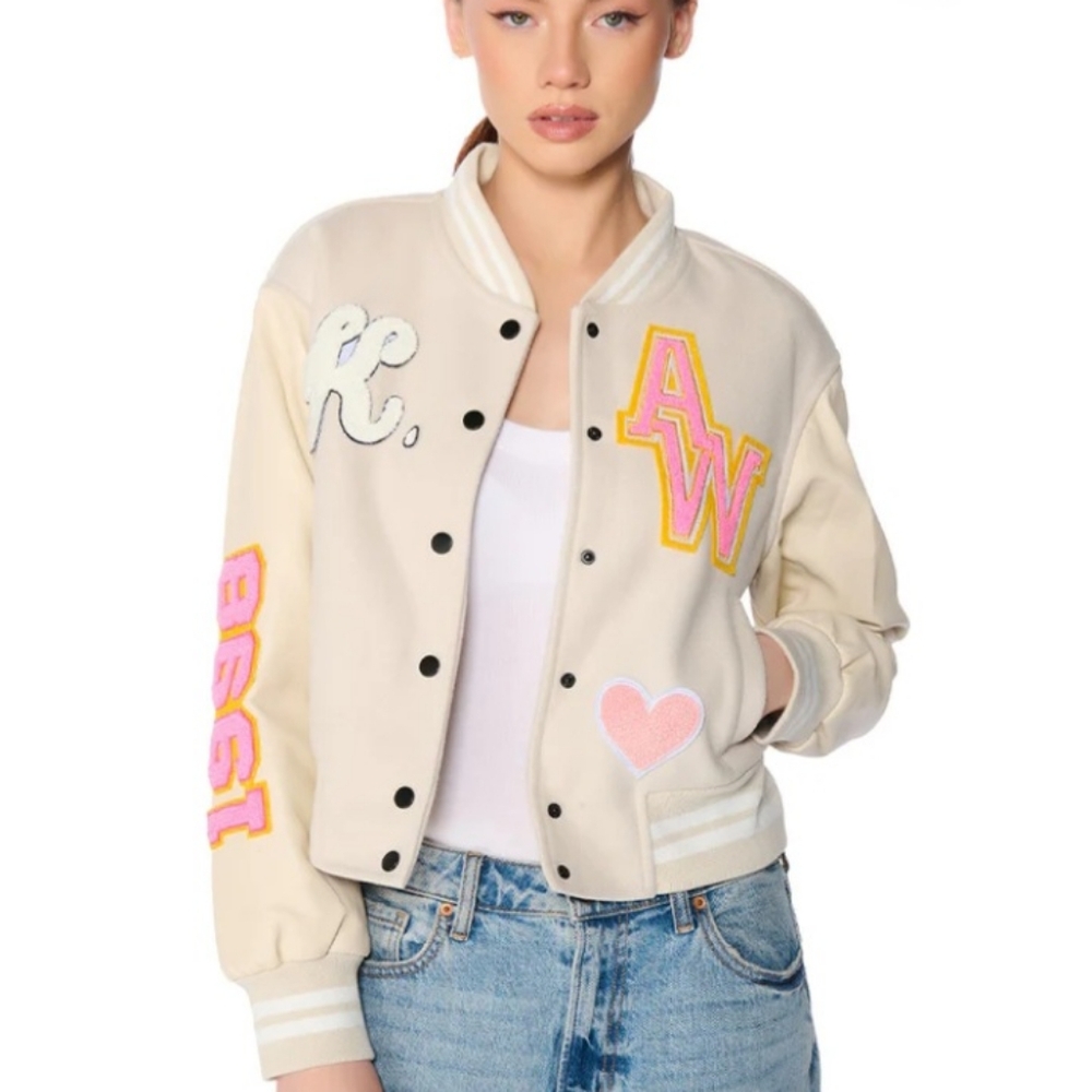 Akira Azalea Wang Bomber Jacket Size Large Cream Pink Letter Varsity Academia